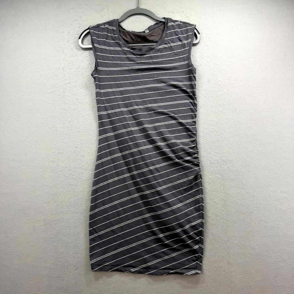 Athleta Carefree Tee‎ Bodycon Dress Womens Small Gray White Striped Ruched Side